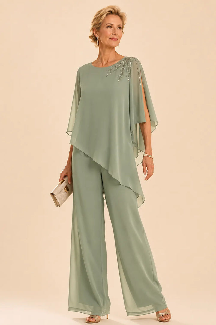 Completo pantalone in chiffon decorato per madre della sposa