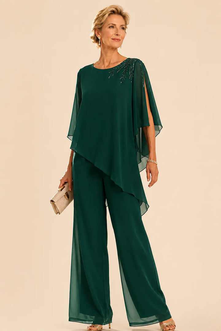 Completo pantalone in chiffon decorato per madre della sposa