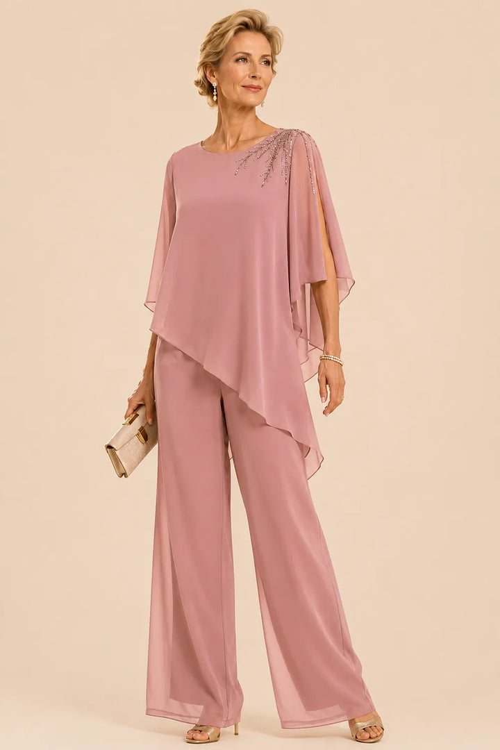 Completo pantalone in chiffon decorato per madre della sposa