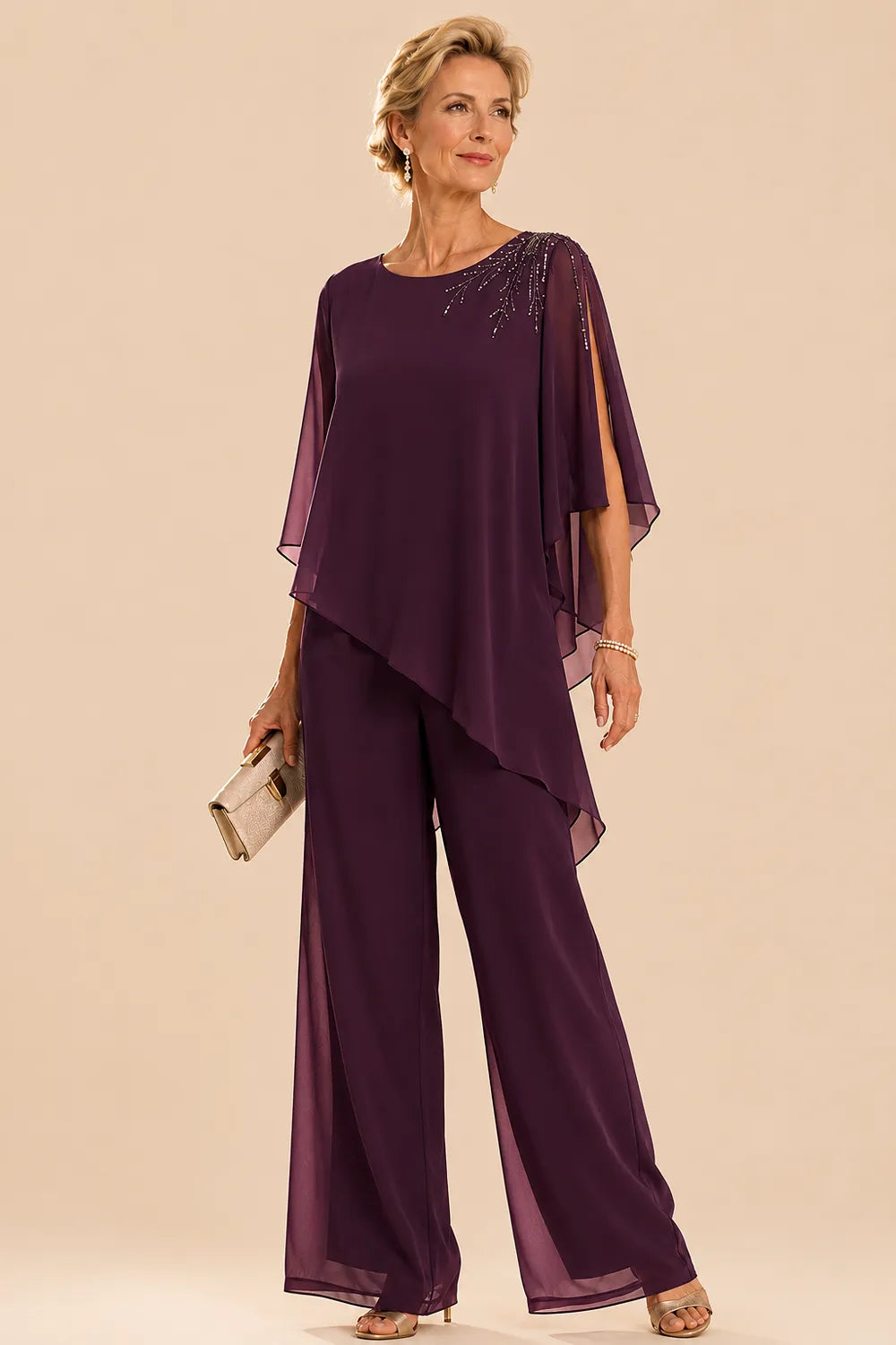 Completo pantalone in chiffon decorato per madre della sposa