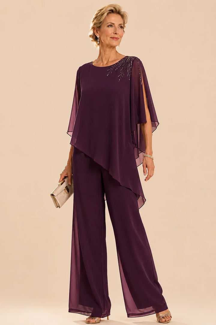 Completo pantalone in chiffon decorato per madre della sposa