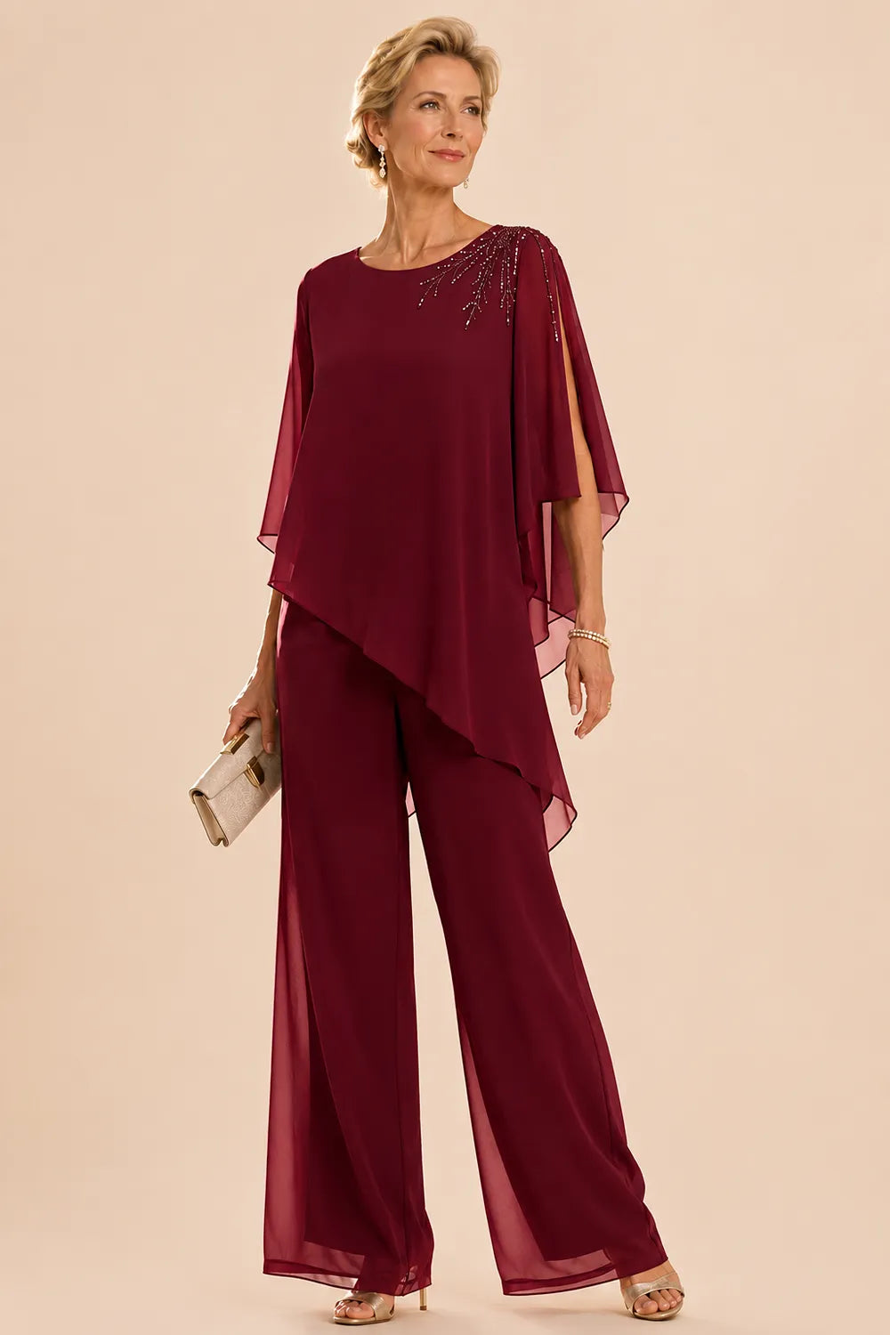 Completo pantalone in chiffon decorato per madre della sposa