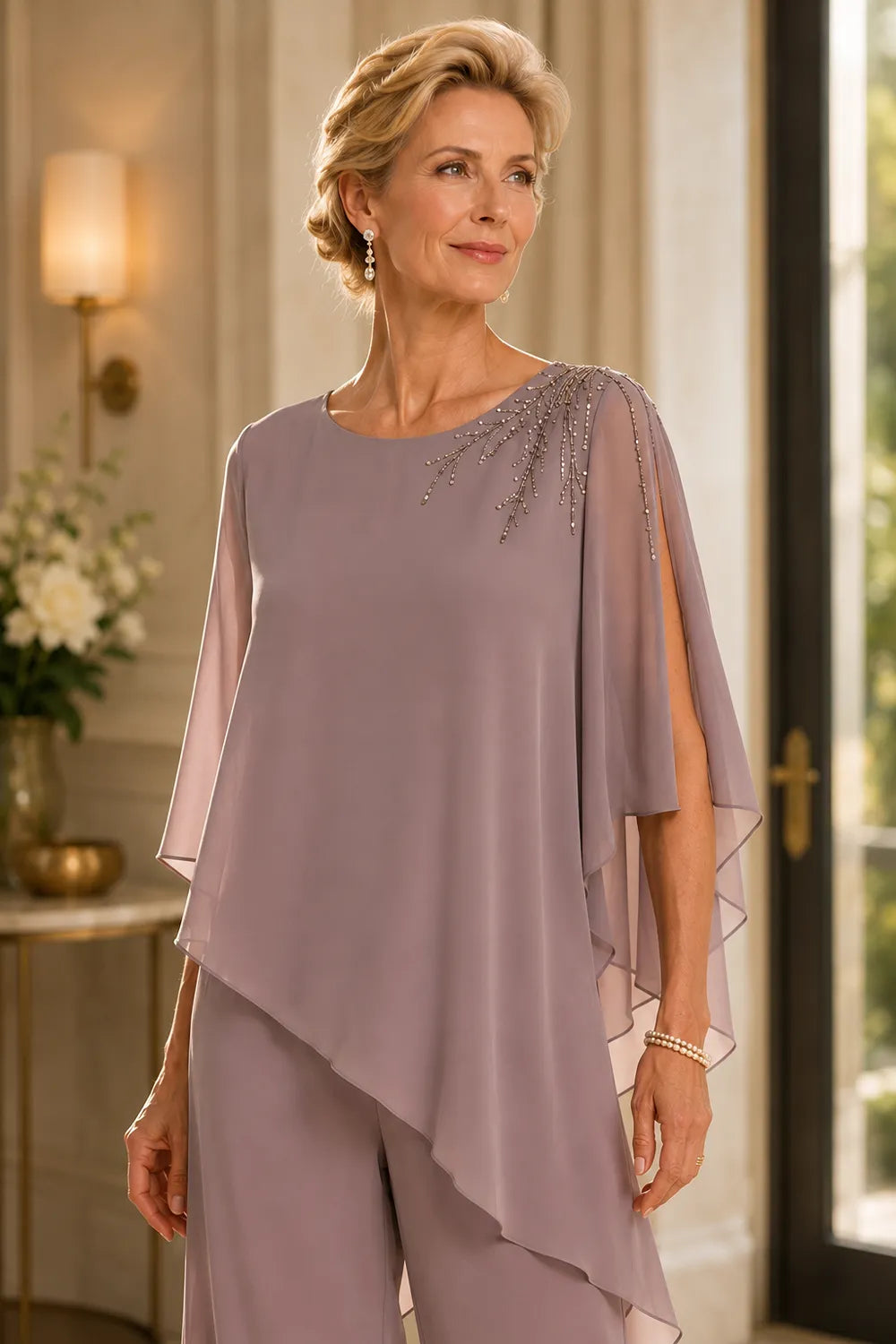 Completo pantalone in chiffon decorato per madre della sposa