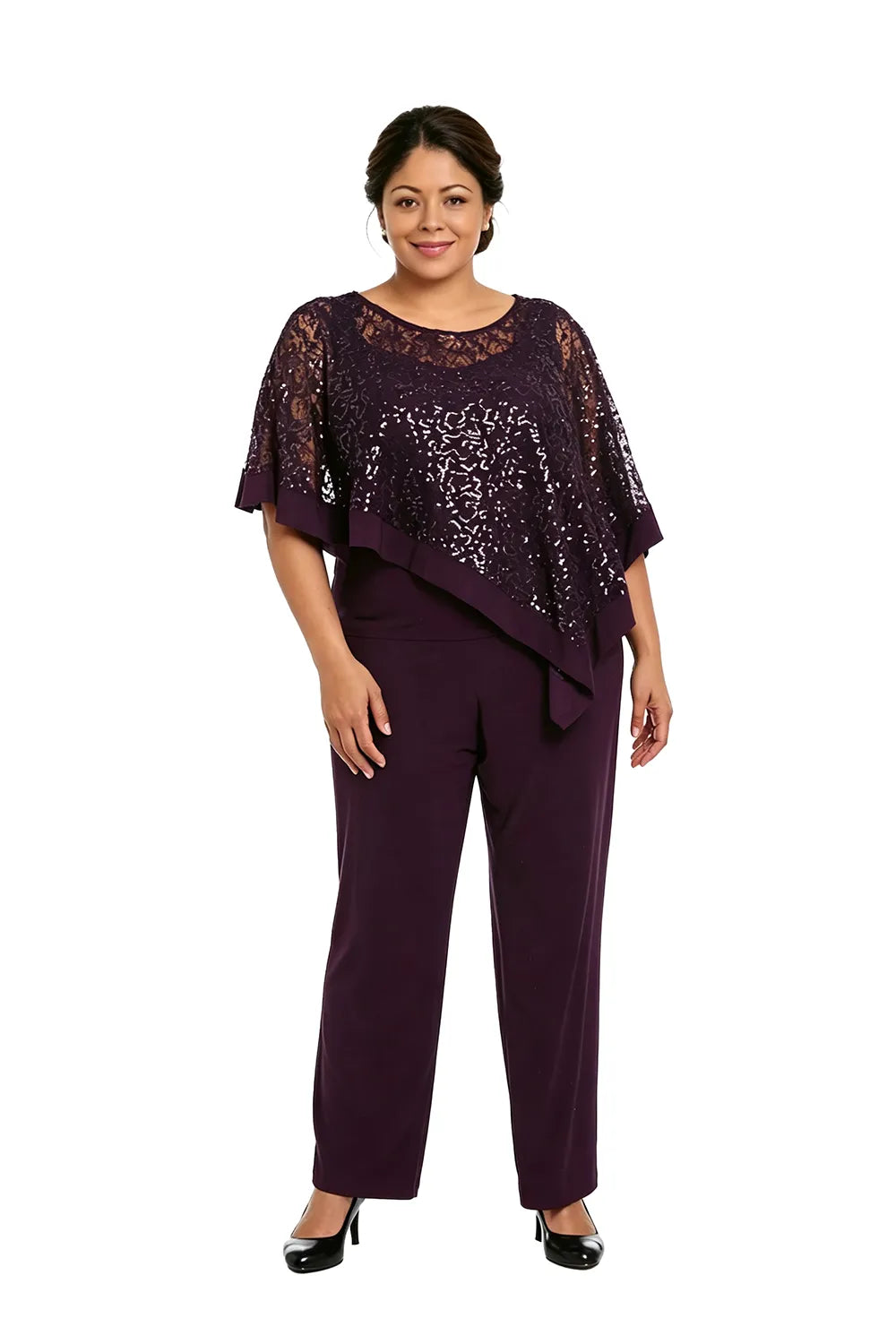 Completo pantalone taglie forti con mantella di paillettes per madre della sposa