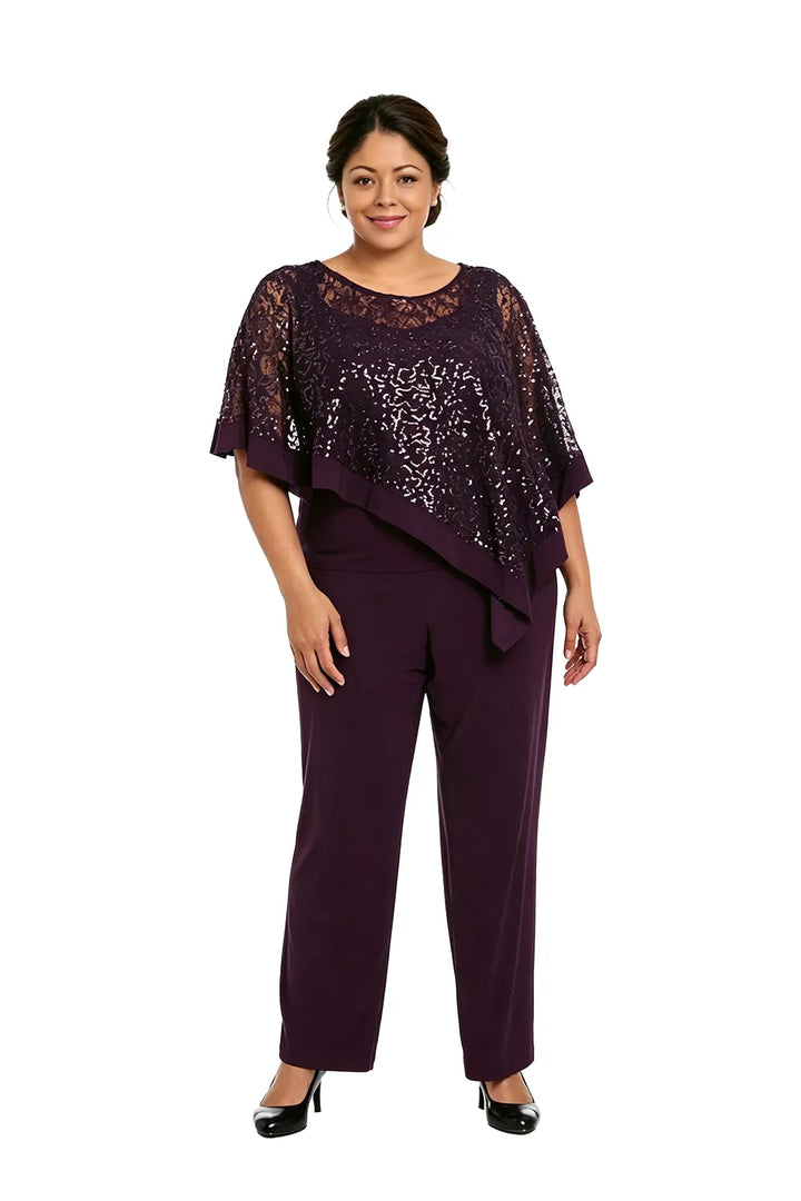 Completo pantalone taglie forti con mantella di paillettes per madre della sposa