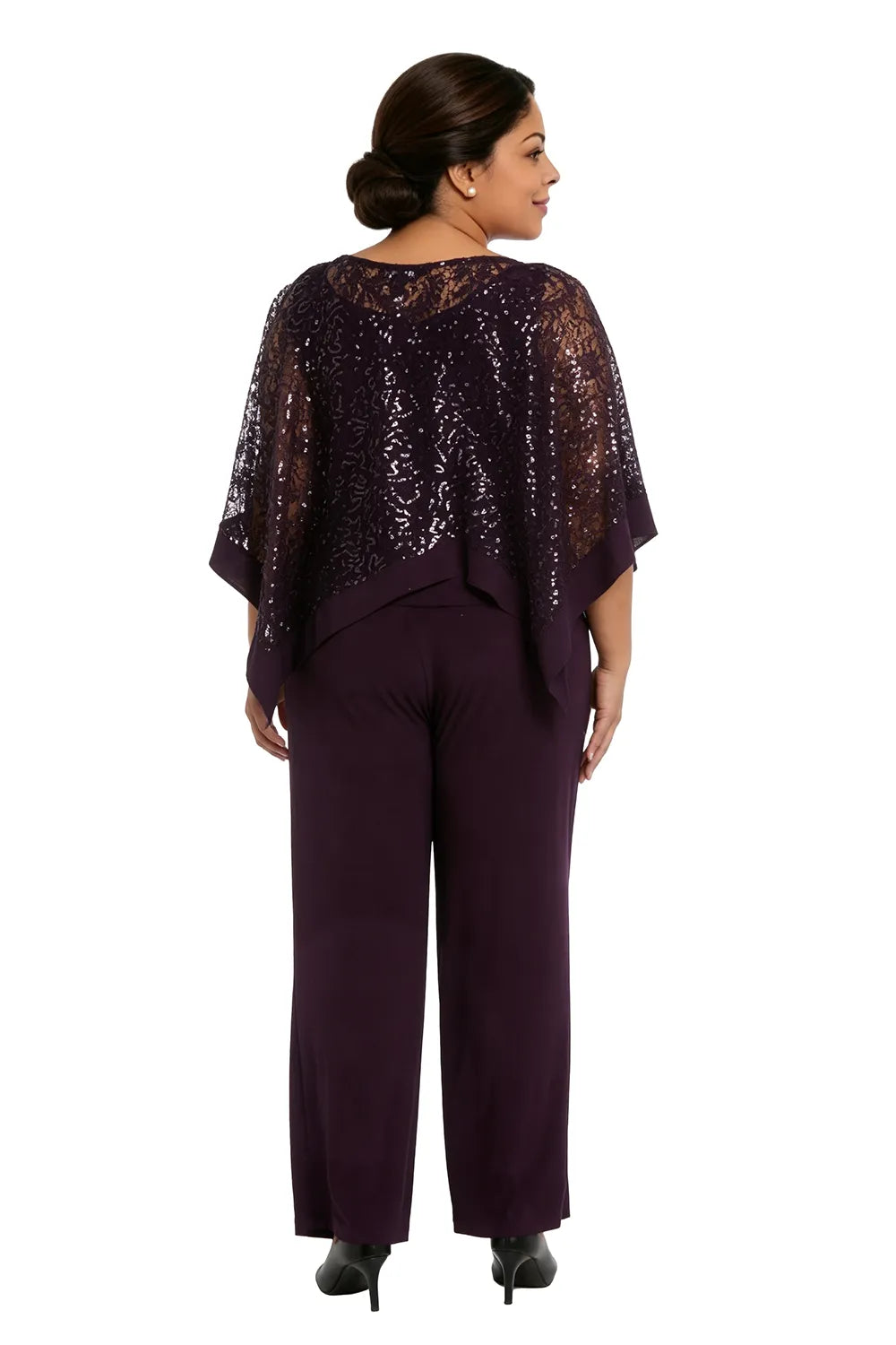 Completo pantalone taglie forti con mantella di paillettes per madre della sposa