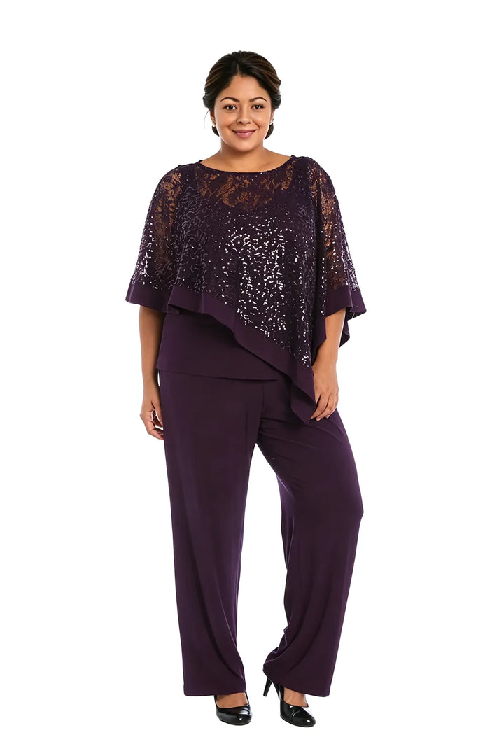 Completo pantalone taglie forti con mantella di paillettes per madre della sposa