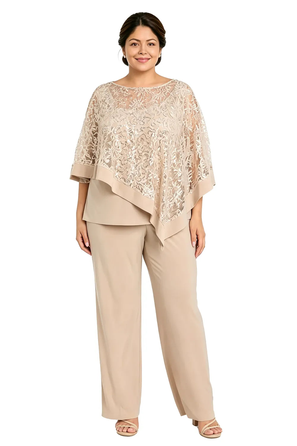 Completo pantalone taglie forti con mantella di paillettes per madre della sposa