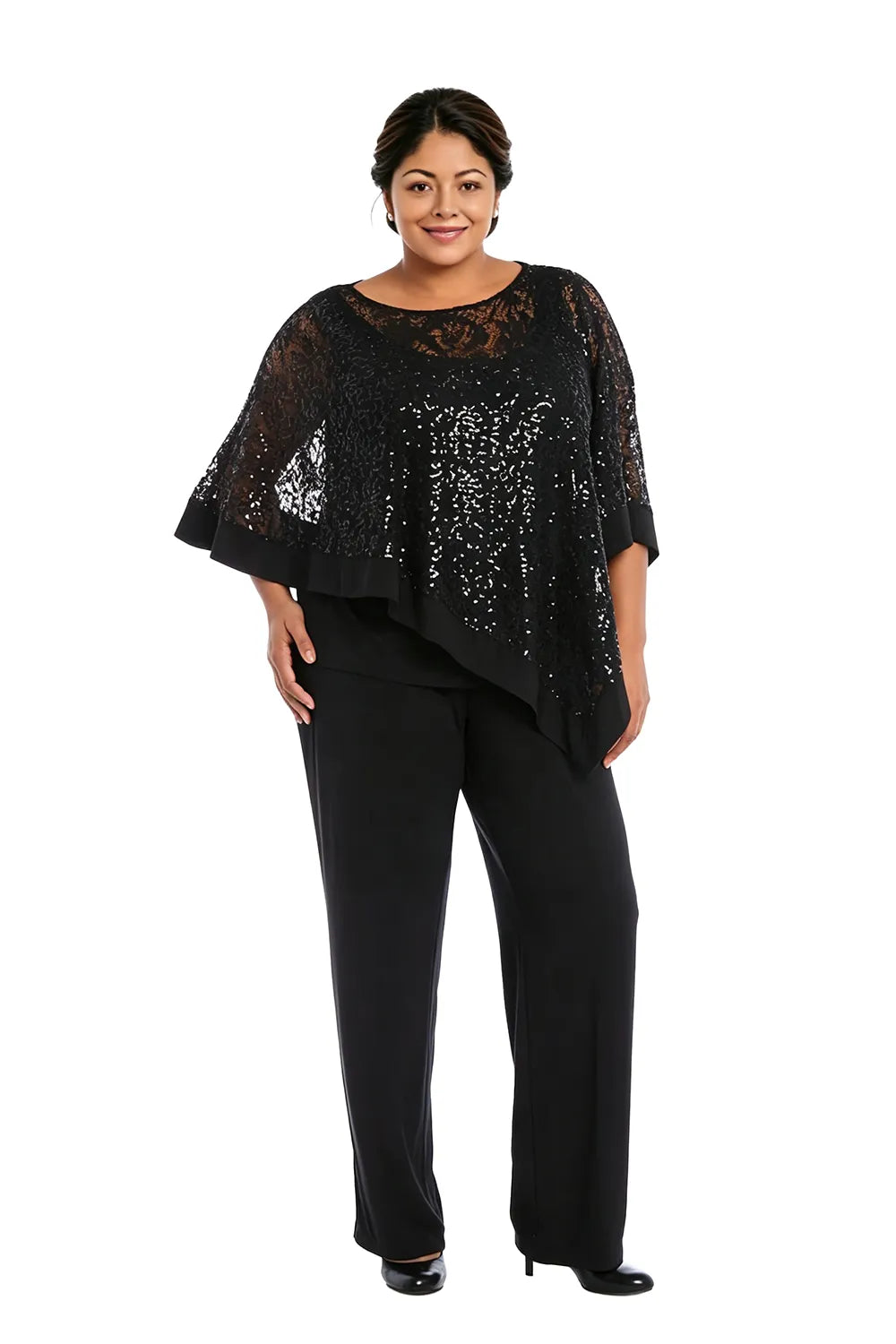 Completo pantalone taglie forti con mantella di paillettes per madre della sposa