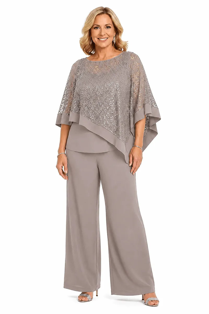 Completo pantalone taglie forti con mantella di paillettes per madre della sposa