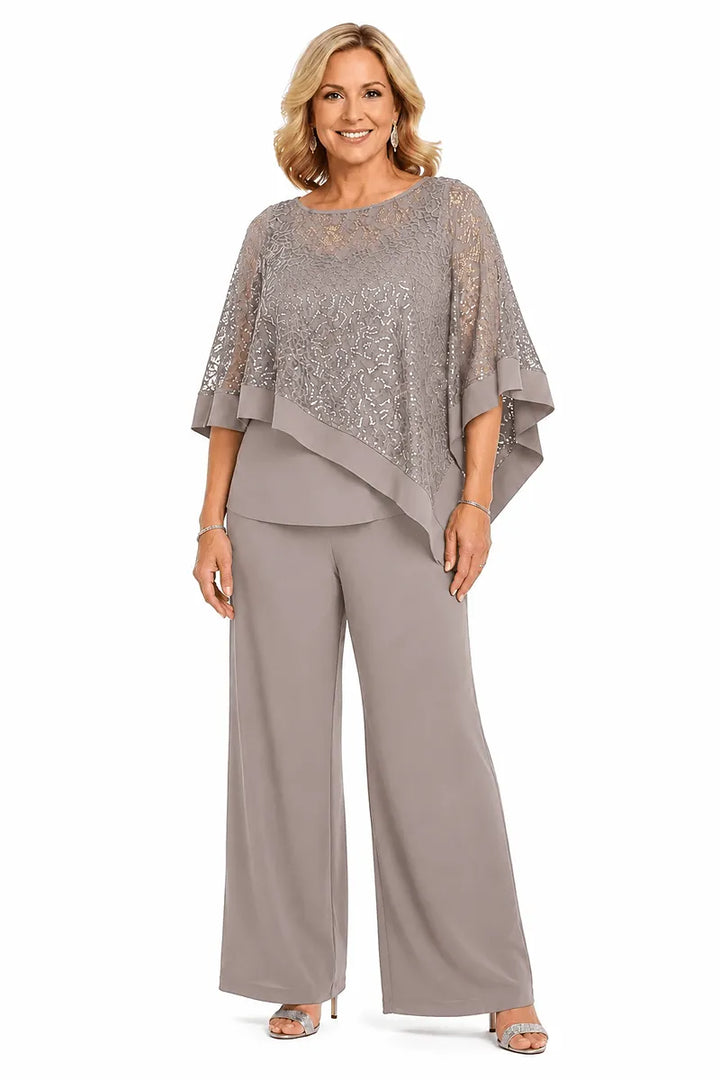 Completo pantalone taglie forti con mantella di paillettes per madre della sposa