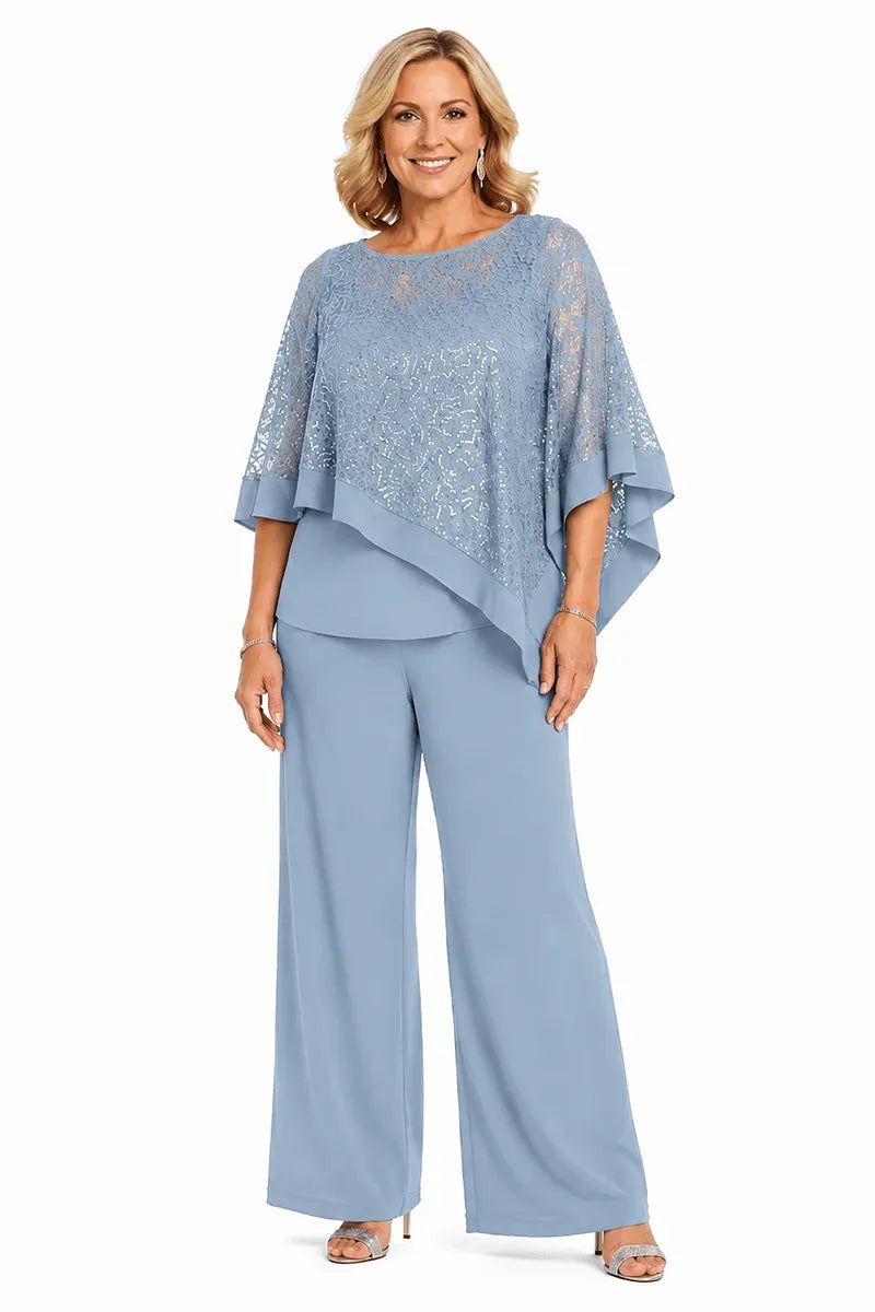 Completo pantalone taglie forti con mantella di paillettes per madre della sposa