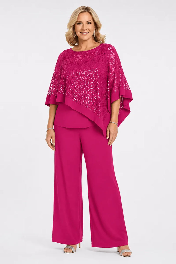 Completo pantalone taglie forti con mantella di paillettes per madre della sposa