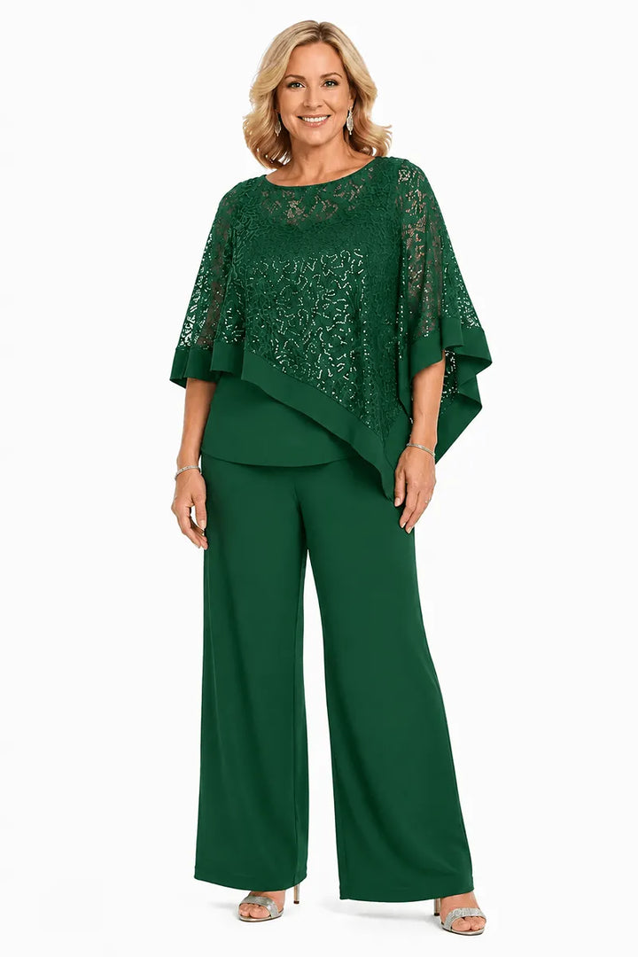 Completo pantalone taglie forti con mantella di paillettes per madre della sposa