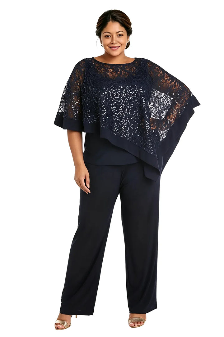 Completo pantalone taglie forti con mantella di paillettes per madre della sposa