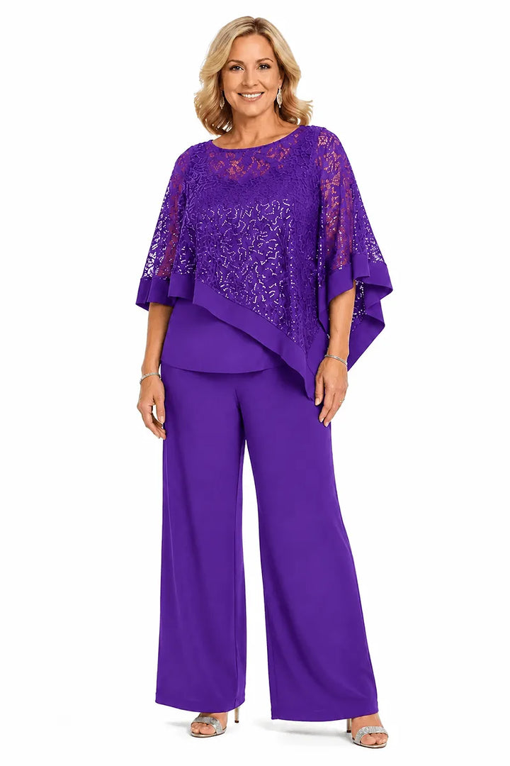 Completo pantalone taglie forti con mantella di paillettes per madre della sposa
