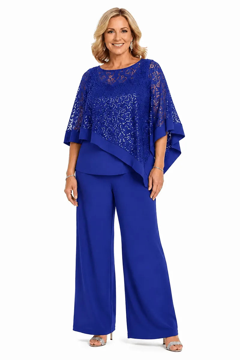 Completo pantalone taglie forti con mantella di paillettes per madre della sposa