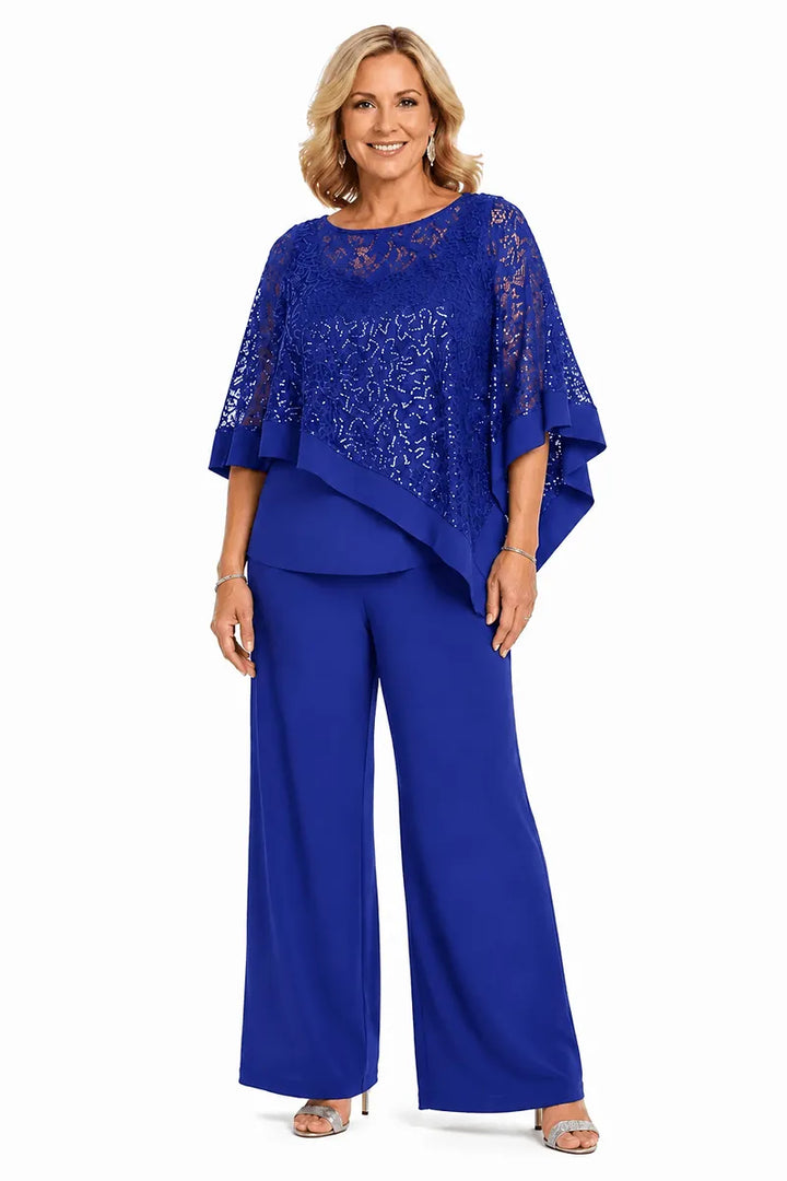 Completo pantalone taglie forti con mantella di paillettes per madre della sposa