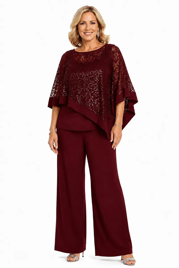 Completo pantalone taglie forti con mantella di paillettes per madre della sposa
