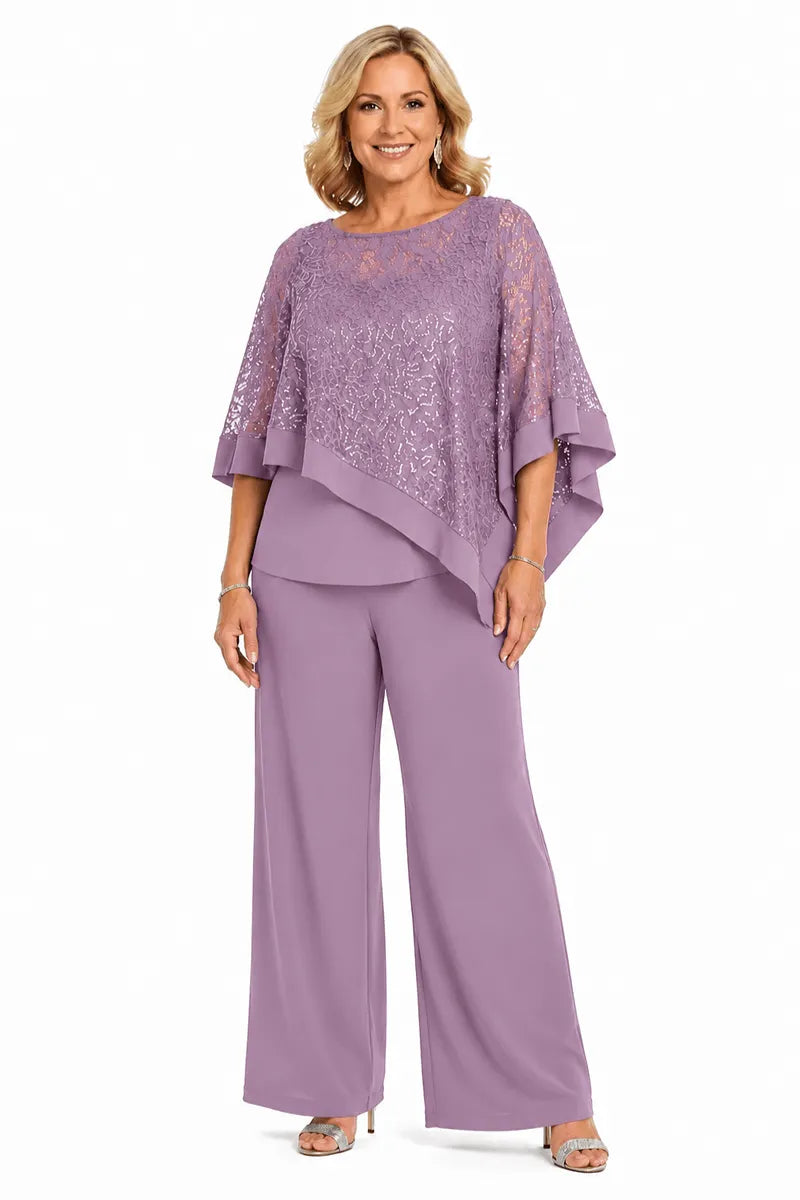 Completo pantalone taglie forti con mantella di paillettes per madre della sposa
