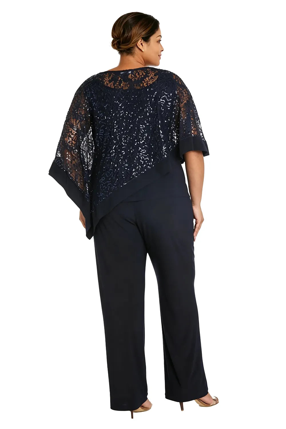 Completo pantalone taglie forti con mantella di paillettes per madre della sposa