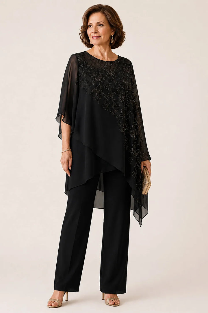 Completo pantalone da cerimonia per madre della sposa con sovrapposizione in chiffon ricamato