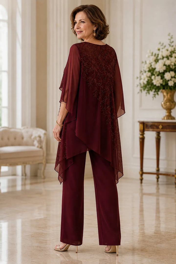 Completo pantalone da cerimonia per madre della sposa con sovrapposizione in chiffon ricamato