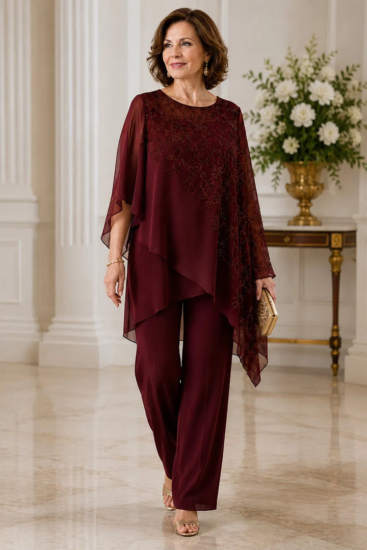 Completo pantalone da cerimonia per madre della sposa con sovrapposizione in chiffon ricamato