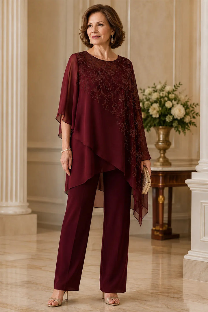 Completo pantalone da cerimonia per madre della sposa con sovrapposizione in chiffon ricamato
