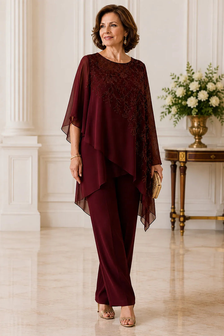 Completo pantalone da cerimonia per madre della sposa con sovrapposizione in chiffon ricamato