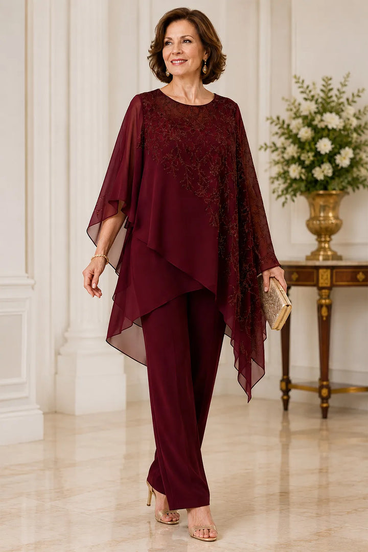 Completo pantalone da cerimonia per madre della sposa con sovrapposizione in chiffon ricamato