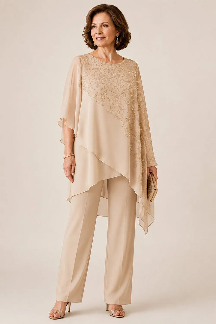 Completo pantalone da cerimonia per madre della sposa con sovrapposizione in chiffon ricamato