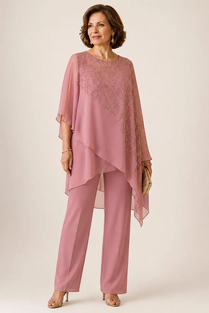 Completo pantalone da cerimonia per madre della sposa con sovrapposizione in chiffon ricamato