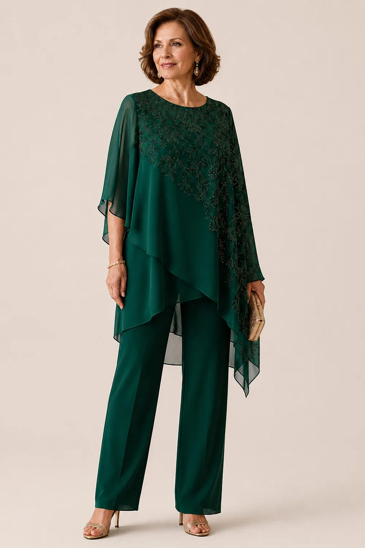 Completo pantalone da cerimonia per madre della sposa con sovrapposizione in chiffon ricamato