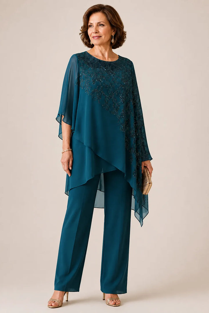 Completo pantalone da cerimonia per madre della sposa con sovrapposizione in chiffon ricamato