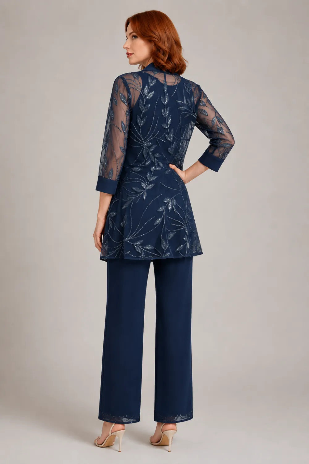 Completo elegante in chiffon con pantaloni per madre della sposa