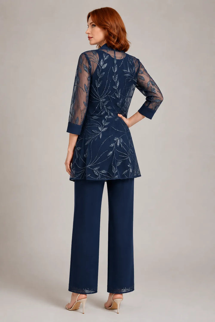 Completo elegante in chiffon con pantaloni per madre della sposa