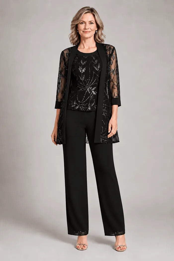 Completo elegante in chiffon con pantaloni per madre della sposa