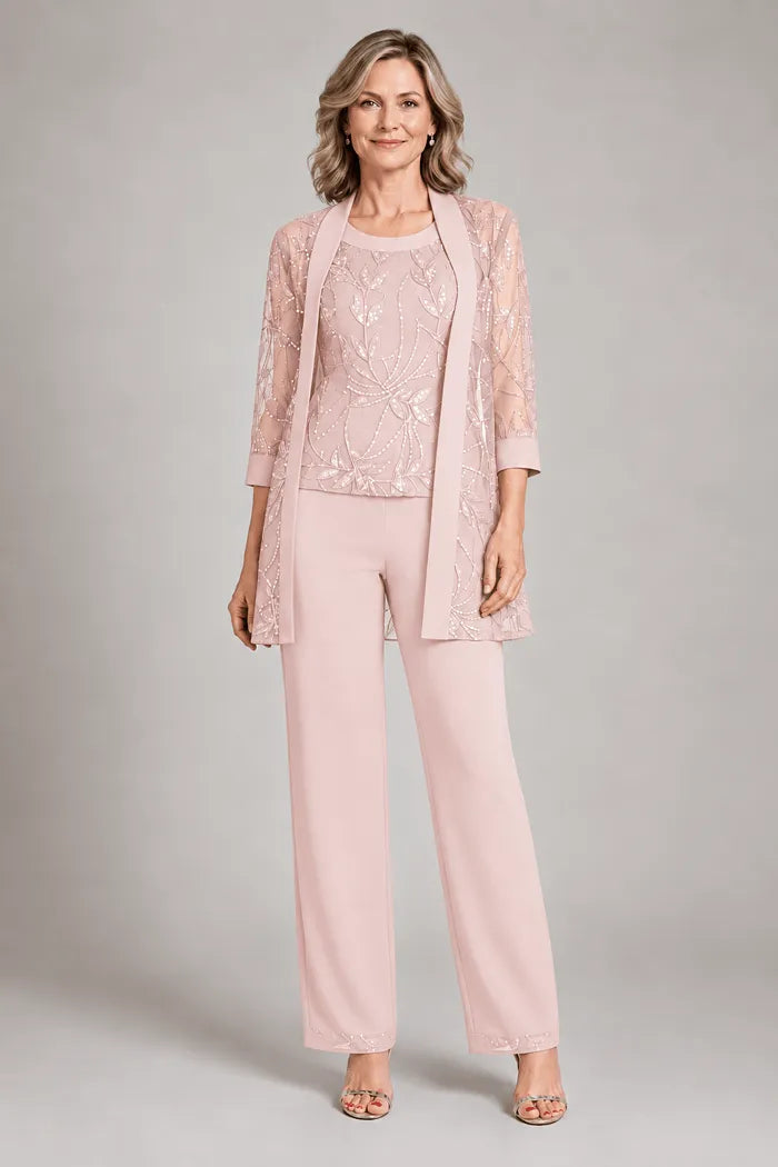 Completo elegante in chiffon con pantaloni per madre della sposa