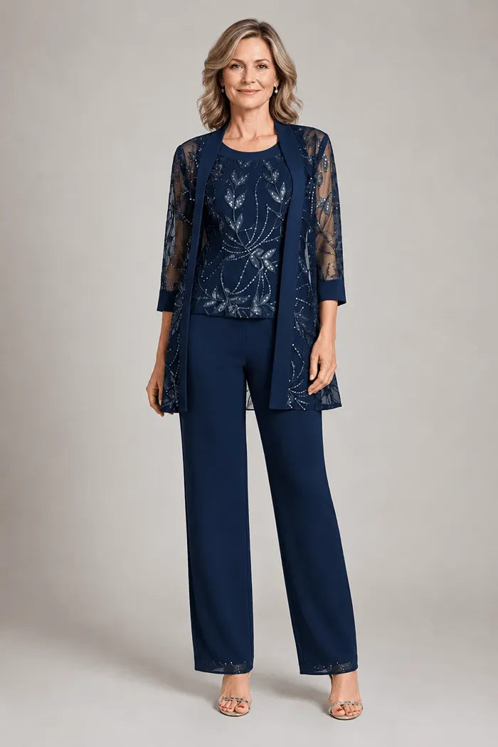 Completo elegante in chiffon con pantaloni per madre della sposa