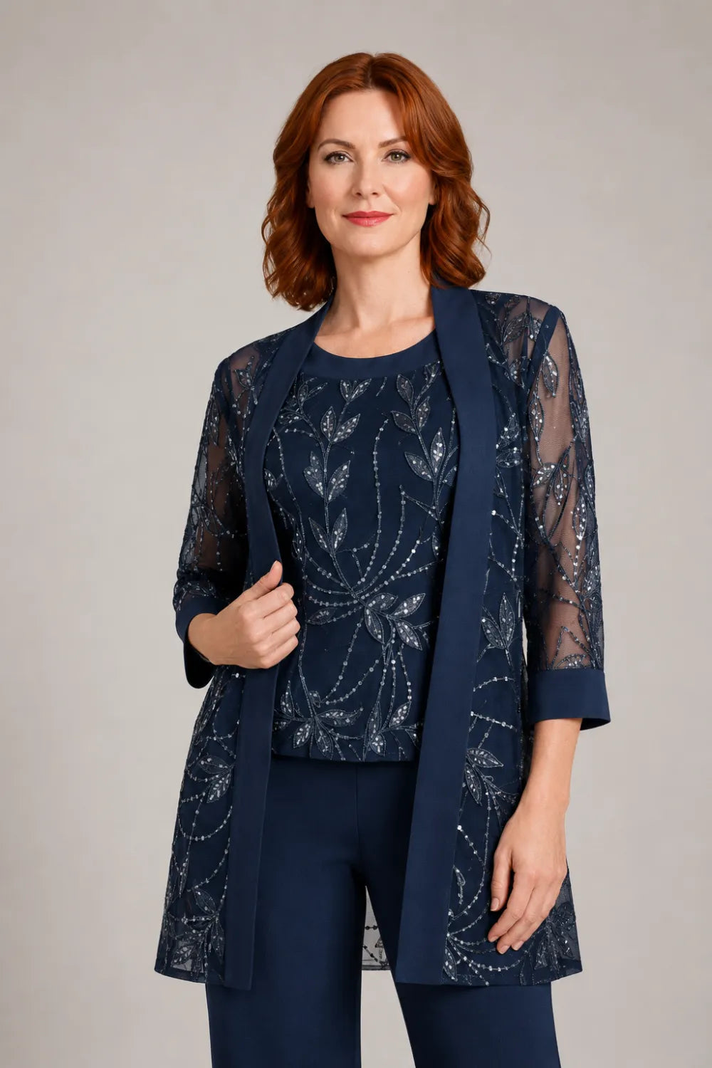 Completo elegante in chiffon con pantaloni per madre della sposa