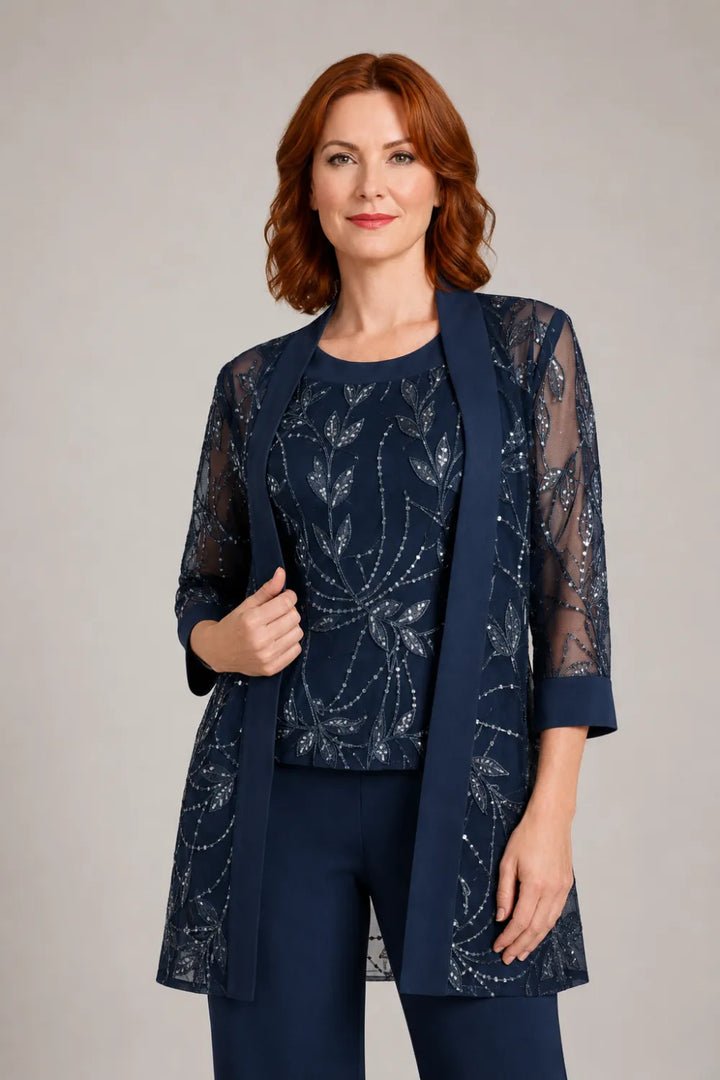 Completo elegante in chiffon con pantaloni per madre della sposa