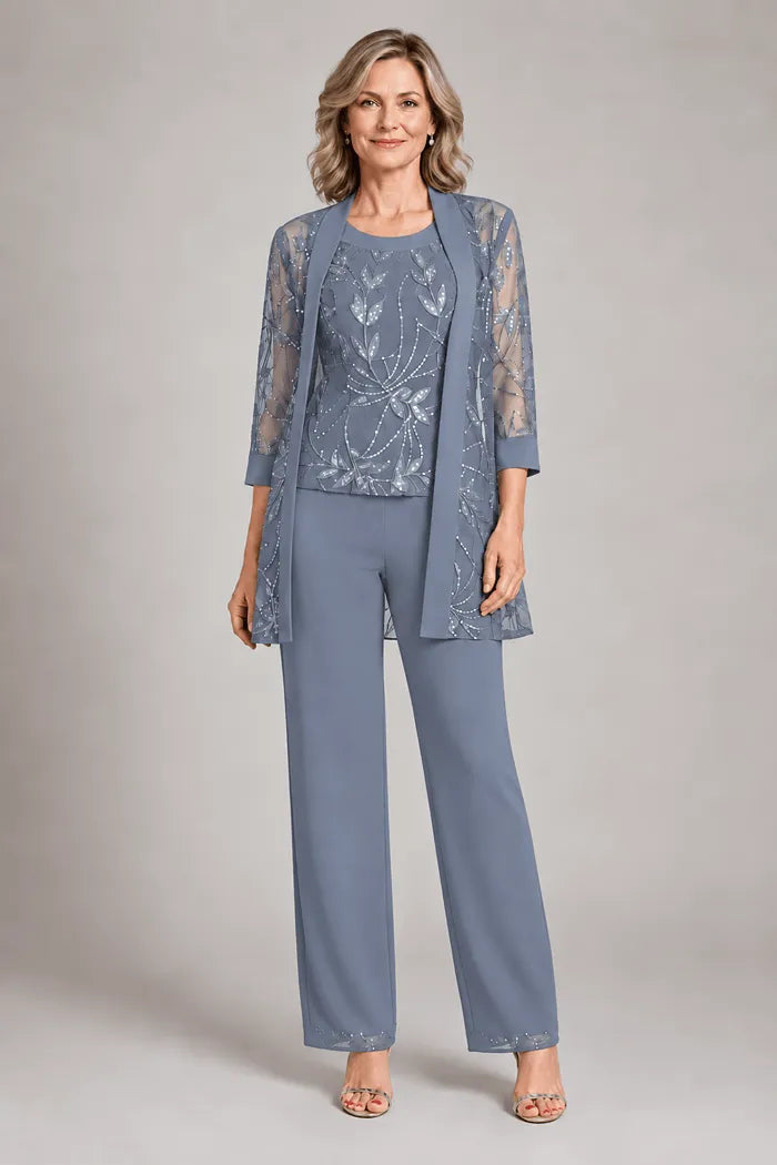 Completo elegante in chiffon con pantaloni per madre della sposa