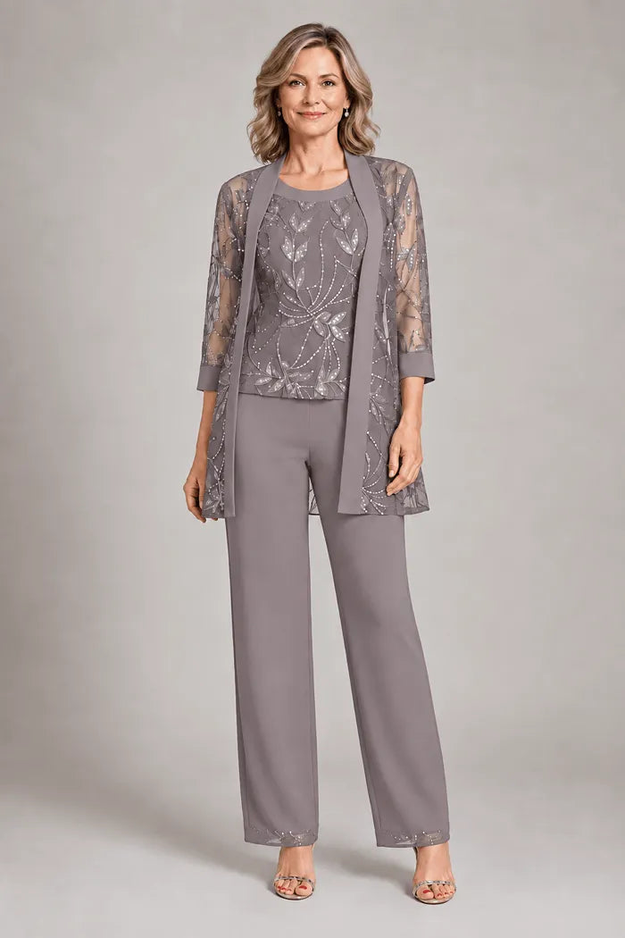 Completo elegante in chiffon con pantaloni per madre della sposa