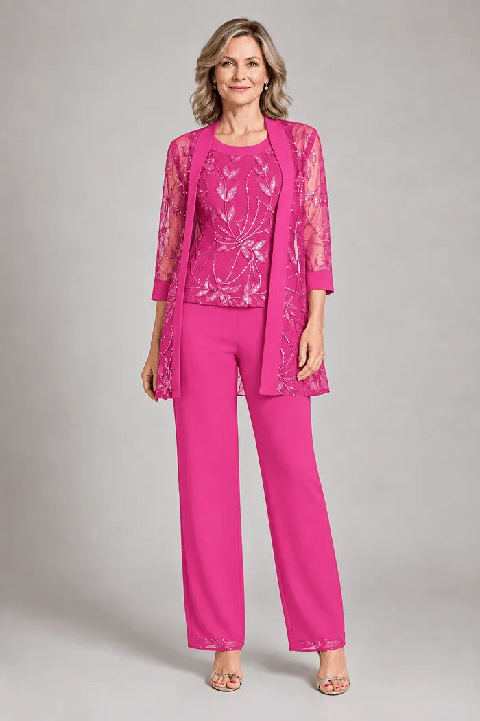 Completo elegante in chiffon con pantaloni per madre della sposa