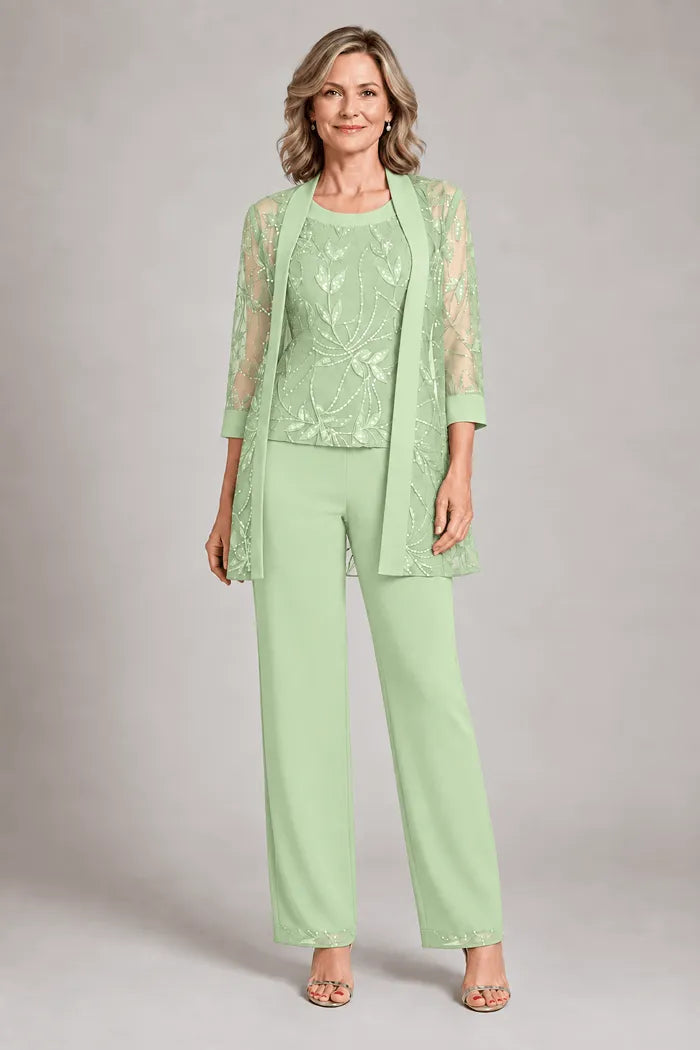 Completo elegante in chiffon con pantaloni per madre della sposa