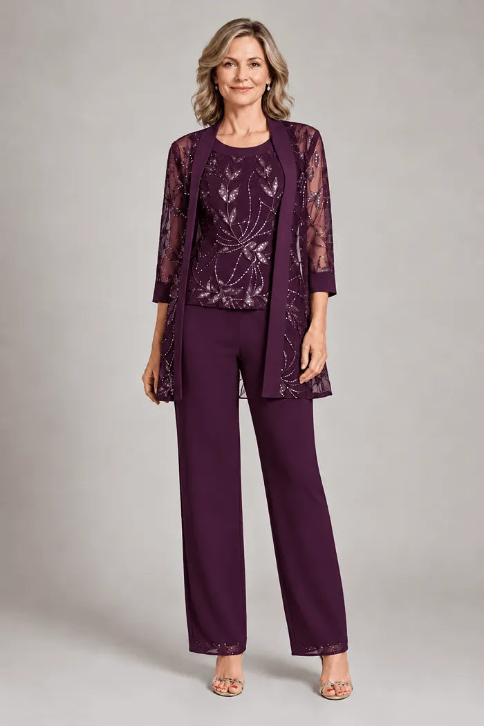 Completo elegante in chiffon con pantaloni per madre della sposa