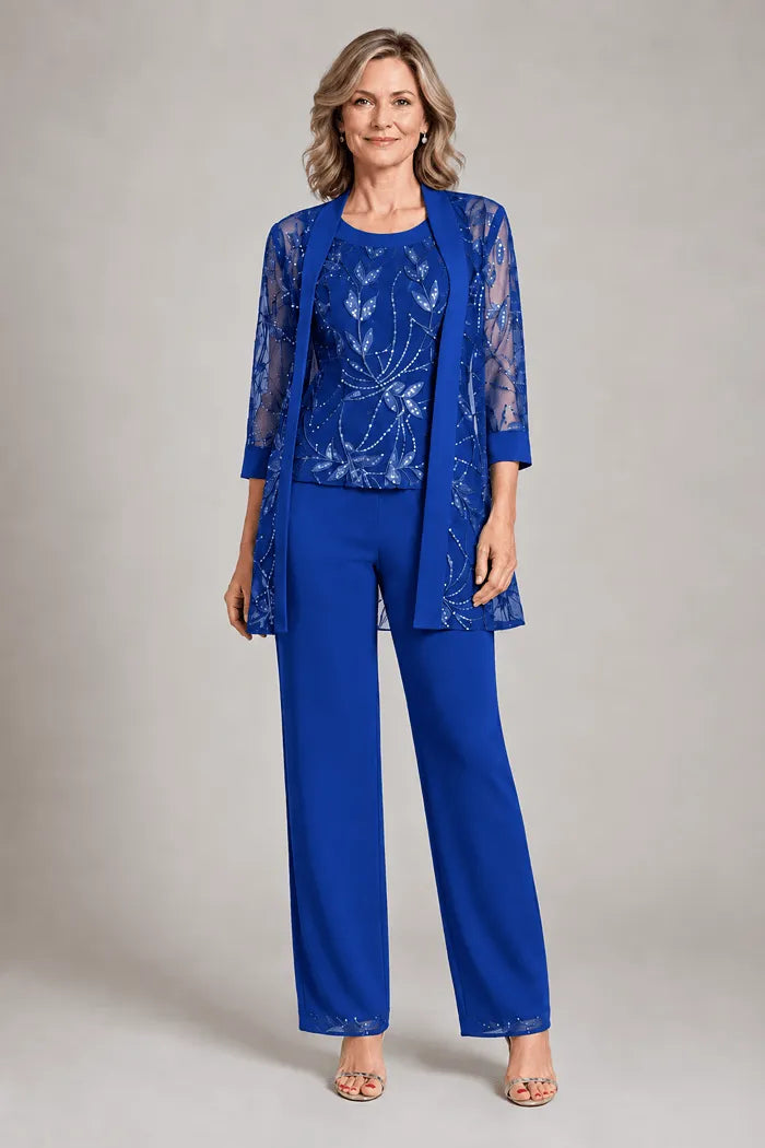 Completo elegante in chiffon con pantaloni per madre della sposa