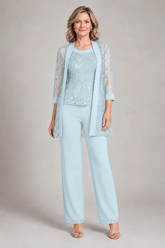 Completo elegante in chiffon con pantaloni per madre della sposa