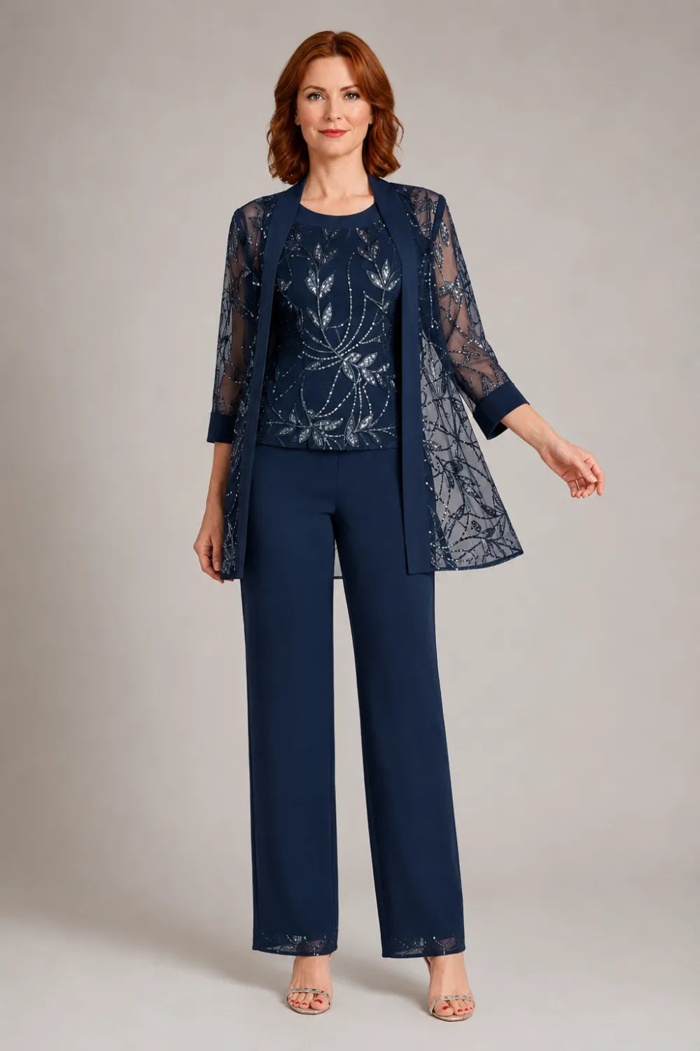 Completo elegante in chiffon con pantaloni per madre della sposa